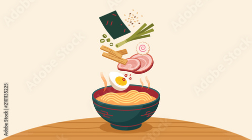 Flat vector illustration of floating ramen ingredients above a bowl in layered perspective, showcasing modern Japanese comfort food with clean geometric shapes and minimalist design.