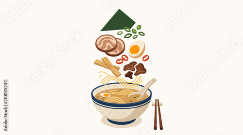 Flat vector illustration of floating ramen ingredients above a bowl in layered perspective, showcasing modern Japanese comfort food with clean geometric shapes and minimalist design.