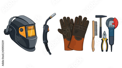 A worker prepares for welding with safety gear and tools on a workbench indoors.
