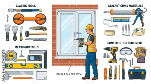 Worker installing double glazed PVC window with various construction tools and materials