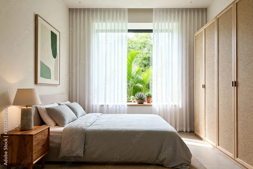 Fototapeta premium Modern minimalist bedroom with natural light, wooden furniture, and greenery visible through window