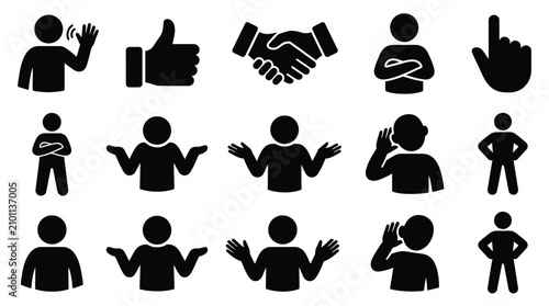 Photos Set of simple black silhouette icons representing various human actions and gestures, including communication, agreement, and listening