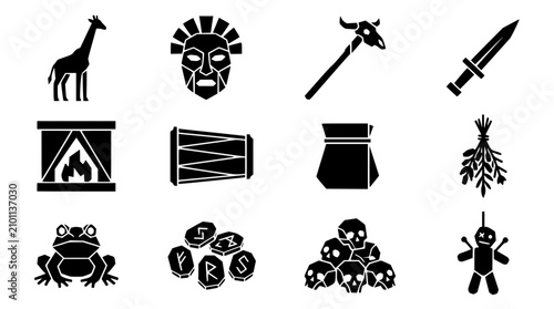 Obraz na płótnie African tribal icons collection with giraffe mask and voodoo doll in silhouette