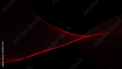 Abstract red glowing particle wave motion on a dark black background representing digital data flow connection and futuristic network technology in a smooth rhythmic pattern for modern tech graphics