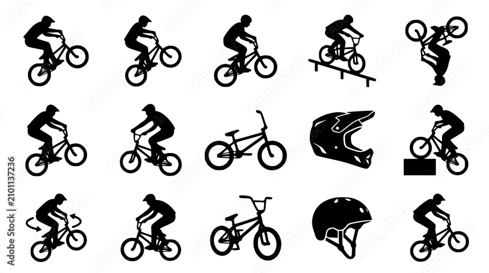 Obraz premium BMX rider performing stunts in various dynamic poses against a clean white background vector silhouette