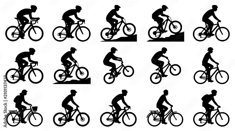 Obraz premium Diverse Cyclist Silhouettes in Motion on White Background Vector Set