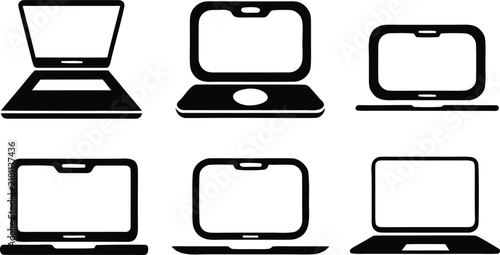 Six different laptop designs in black and white vector style