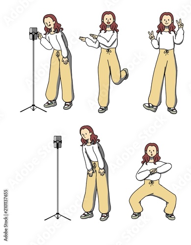 Woman Filming a Dance Video with a Smartphone Set