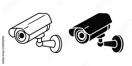 Security camera icons featuring CCTV monitoring, video recording, surveillance, safety protection, observation, and access control vector illustration.