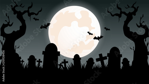 Fotografía Full moon graveyard cemetery tombstone silhouette halloween spooky night bat tre