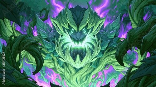 Enigmatic Forest Guardian: A Fantastic Elemental Creature Emerges from Lush Foliage in an Enigmatic Glow