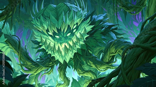 Mystical Forest Guardian: A Lush, Enigmatic Creature Among Vibrant Foliage and Shadows