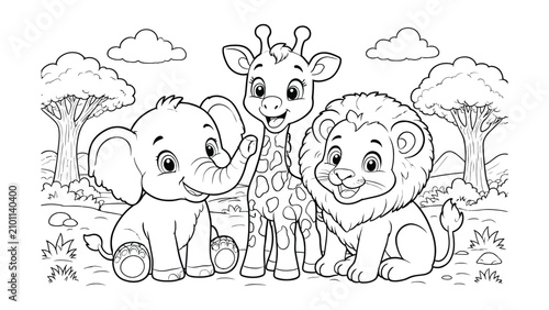 Photography Three adorable cartoon baby safari animals including an elephant giraffe and lio