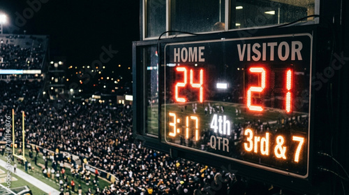 Electronic football scoreboard displaying a 24 to 21 score during the fourth quarter of a night game, with a blurred stadium crowd, field goal posts, and bright lights in background.