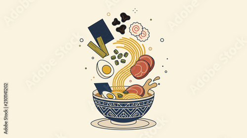Flat vector illustration of floating ramen ingredients above a bowl in layered perspective, showcasing modern Japanese comfort food with clean geometric shapes and minimalist design.