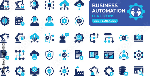 Business automation flat icons set for workflow optimization and efficiency
