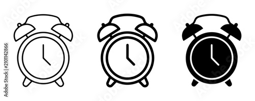 Alarm clock icon set outline, solid and color styles