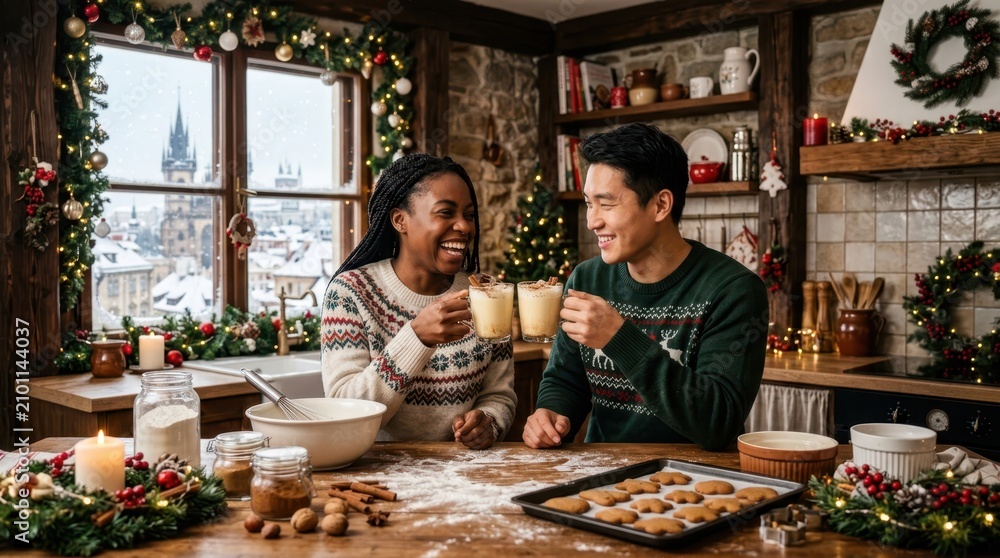 Obraz premium Couple enjoys festive eggnog in a cozy kitchen decorated for Christmas