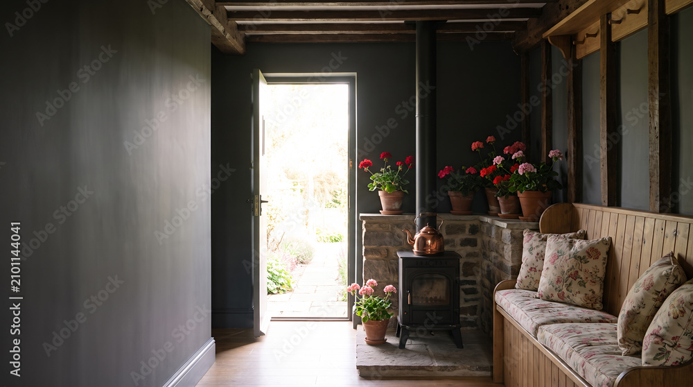 Obraz premium Rustic hallway with a wood burning stove and potted geraniums beside an open door