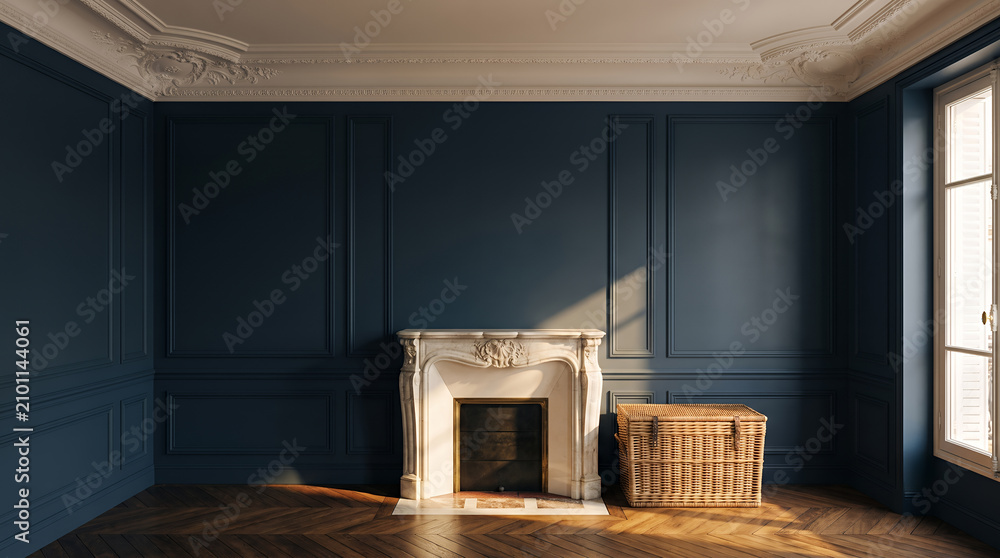 Obraz premium Navy panelled room with a marble fireplace and wicker hamper on herringbone parquet