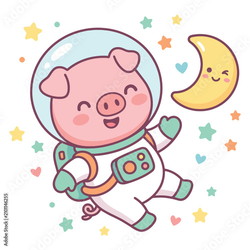 Adorable pig astronaut floating near a crescent moon