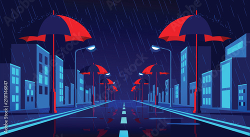 Konstfotografi City Street Rainy Night Vector Illustration Design Featuring Colorful Umbrellas