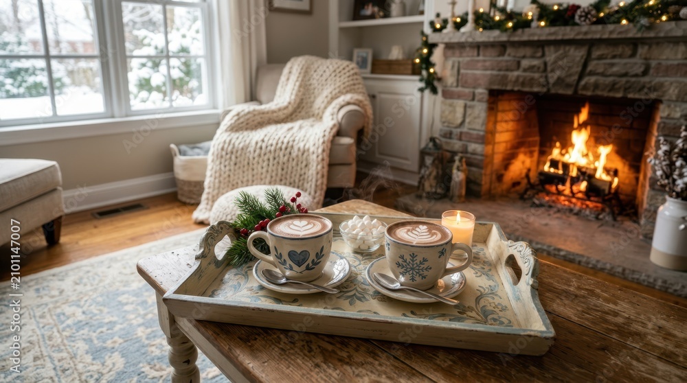 Obraz premium Cozy winter evening with hot cocoa by a warm fireplace and snowy window view