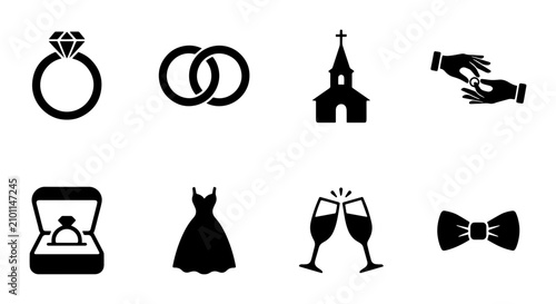 Wedding icons set, silhouette, for marriage celebration and event planning