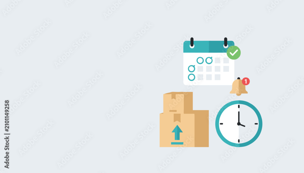 Obraz premium Flat vector illustration of delivery schedule showing calendar with checklist cardboard boxes clock and notification bell.