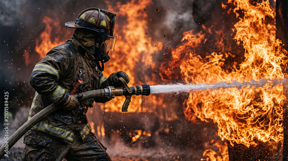 Fototapeta premium Pompier combattant un violent incendie avec une lance à eau