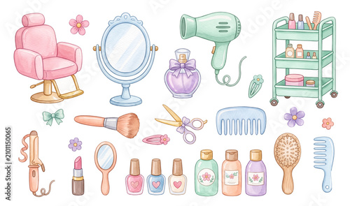 Pastel watercolor beauty salon accessories and hairstyling tools clipart set
