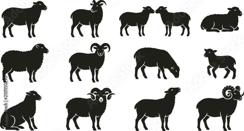 Bild auf Leinwand Diverse Sheep and Goat Silhouettes with Farm Animals and Sewing Tools