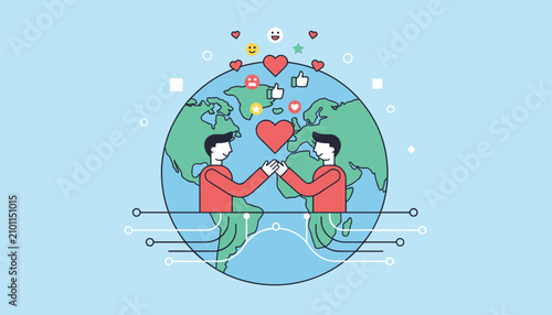 Global connection concept showcasing people around the world sharing love and positive social media feedback.