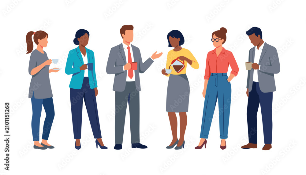 Obraz premium Diverse business people group having coffee break talking together and sharing ideas flat vector illustration corporate communication concept