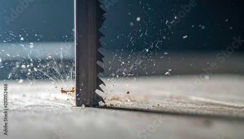 Close-up of a jigsaw blade cutting through wood, creating a spray of sawdust particles, dynamic motion, and industrious work.