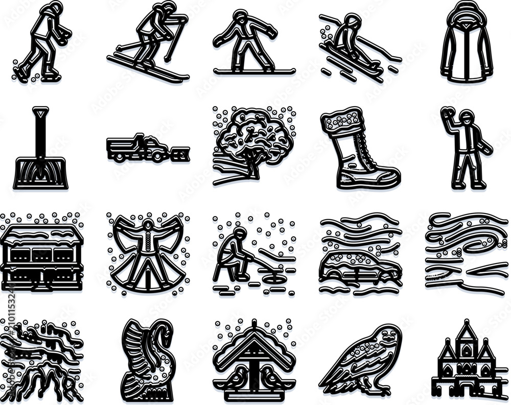 Obraz premium Collection of winter themed outline icons with a 3d effect, depicting various activities like skiing and ice fishing, alongside snow, ice, and cold weather elements