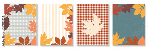 Autumn card template set. Four vertical layouts with textured leaves, plaid and stripes. Ideal for Thanksgiving invitation, Autumn sale,fall wedding stationery, harvest menu, poster, and web banner.