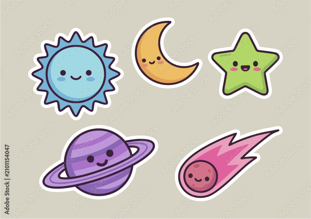 Fototapeta premium Cute kawaii space stickers set with sun moon star planet and comet