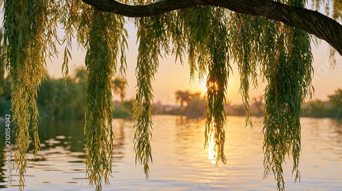 Weeping willow river sunset golden reflection
