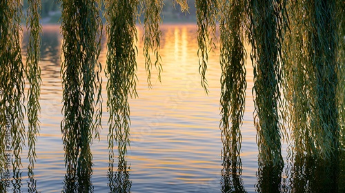 Weeping willow river sunset golden reflection