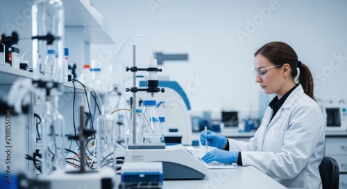 Female scientist working in a laboratory. Researcher conducting chemical experiment in lab.