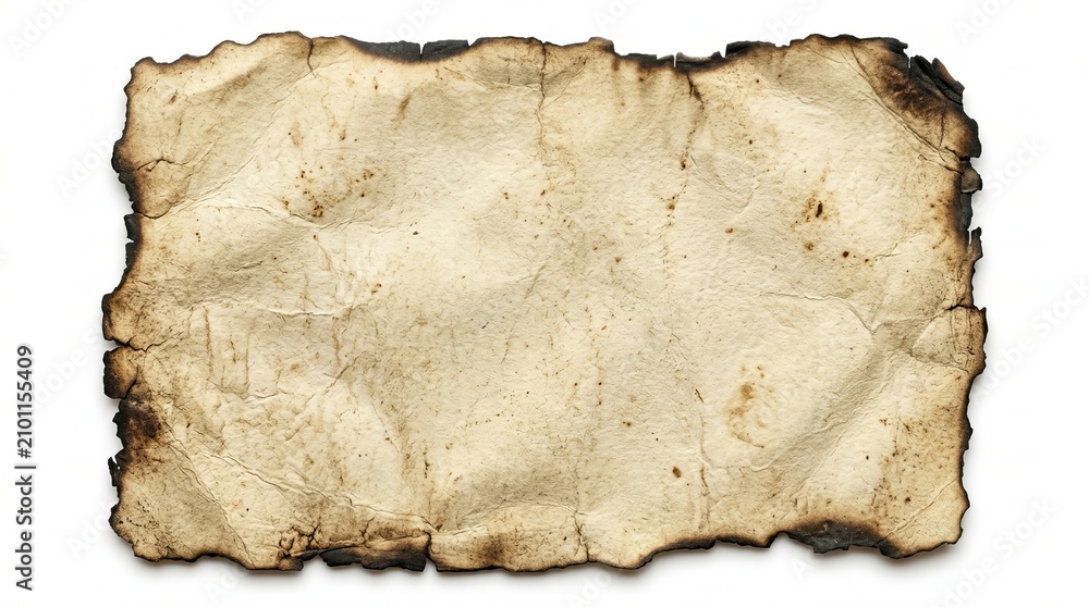 Fototapeta premium Vintage burnt paper with torn and charred edges on white background