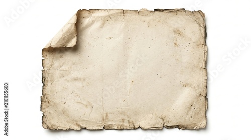 Vintage torn and worn aged paper texture with curled corner on white background