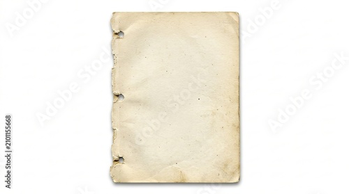 Vintage torn and worn paper sheet with holes on white background