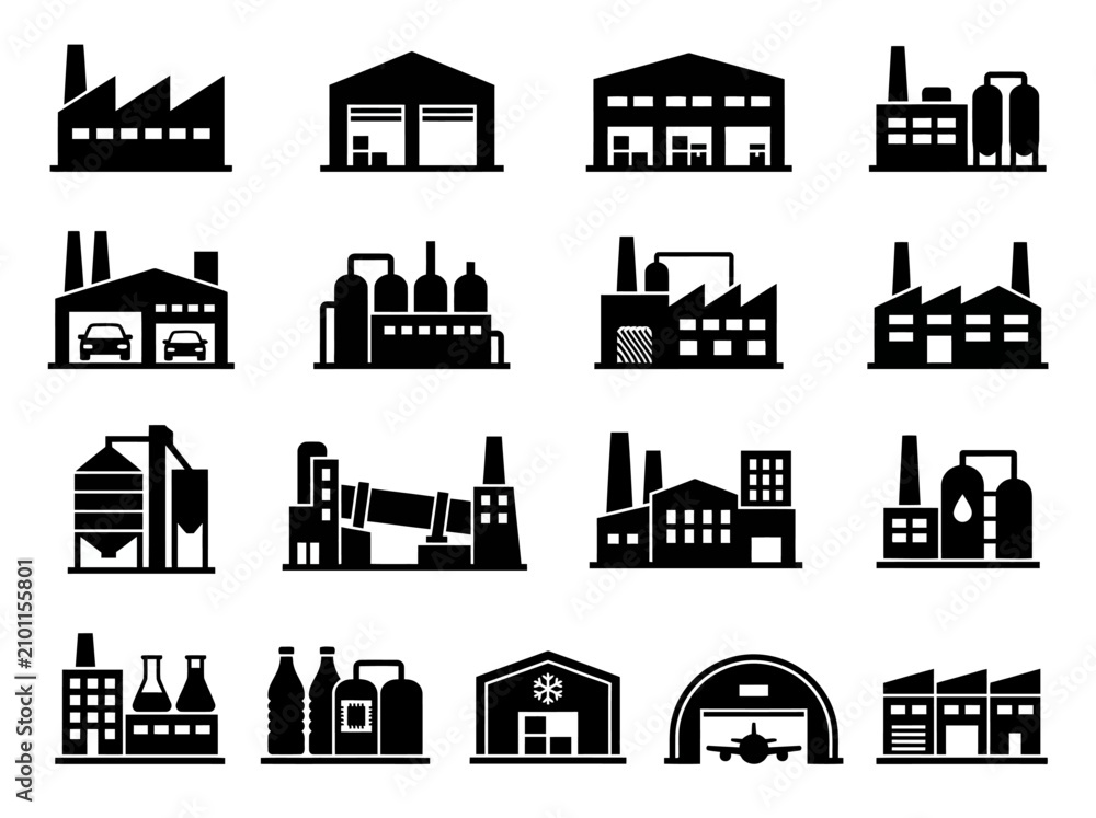 Fototapeta premium Industrial factory and warehouse building icons set
