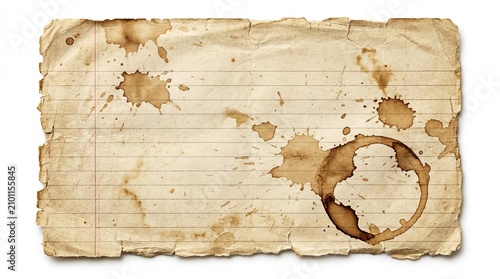 Vintage torn paper with coffee stains and lined texture on white background