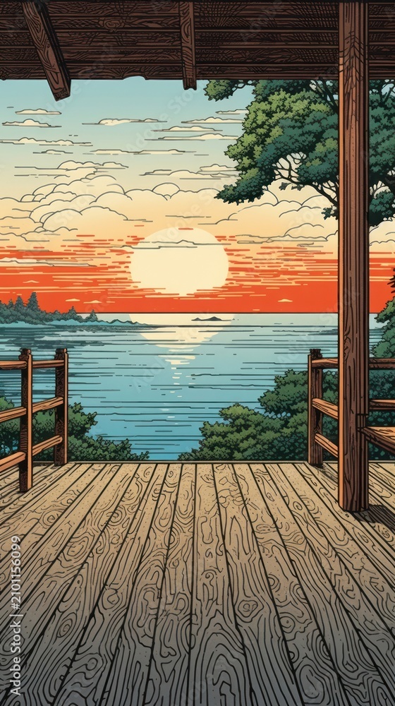 Fototapeta premium PNG Illustration of wooden pier lake view architecture building outdoors.