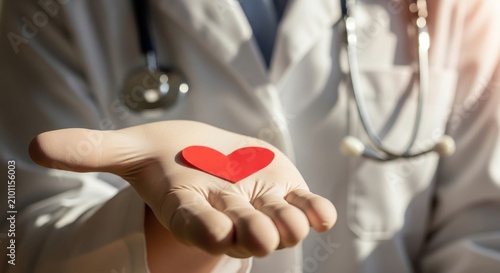 Healthcare professional holding a red heart. Medical worker offering compassion and care in a clinical setting.