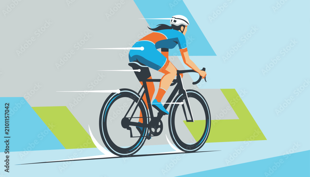 Fototapeta premium Dynamic illustration of a female athlete riding a racing bicycle fast against a modern abstract geometric landscape.