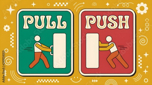 Retro style door signs showing push and pull action instructional icons